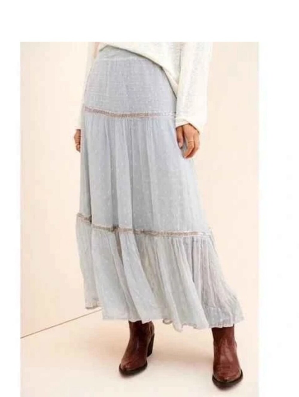 NWT Free people Elle Tiered Boho Skirt Sky Blue Beaded
